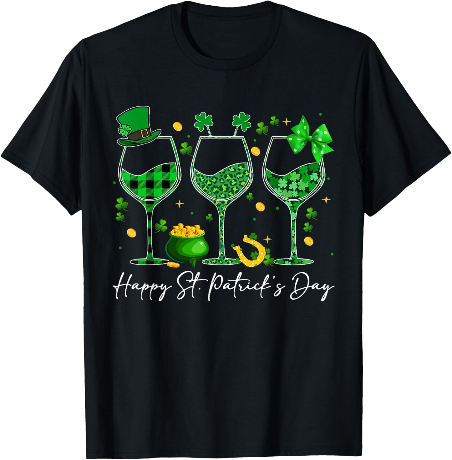 Wine St Patricks Day Leopard Green Shamrock Wine Glasses T-Shirt - T-Shirt | Black