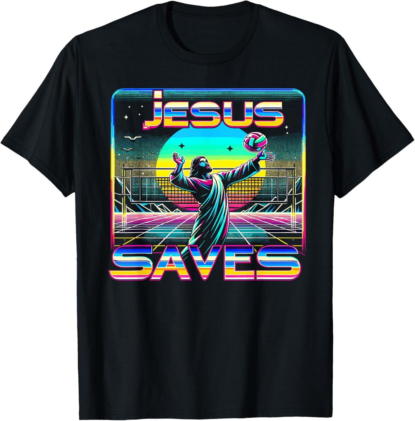 80s Vaporwave Jesus Saves Volleyball T-Shirt - T-Shirt | Black