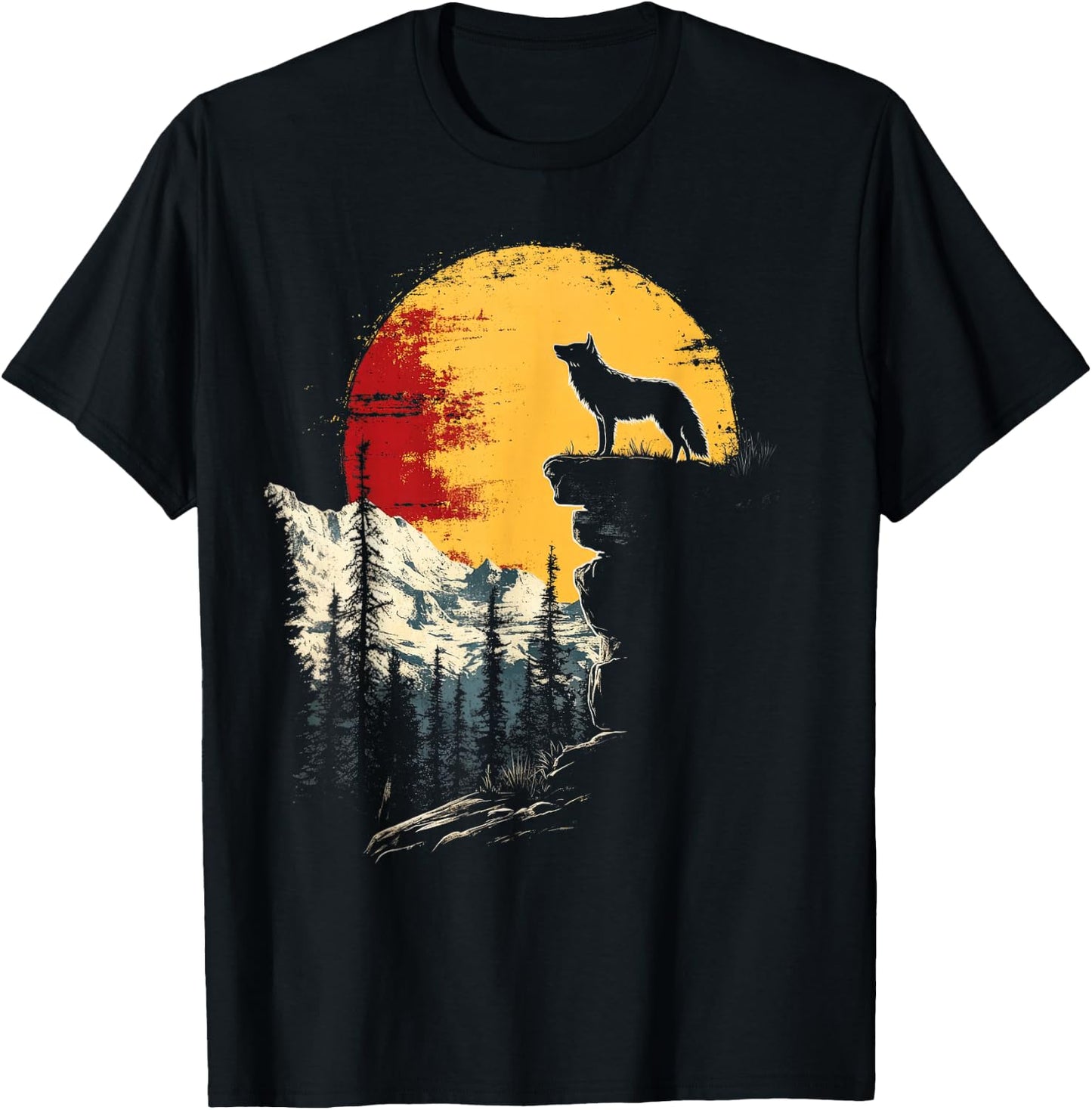 Wolf Moon Nature Mountains Wildlife Vintage T-Shirt - T-Shirt | Black