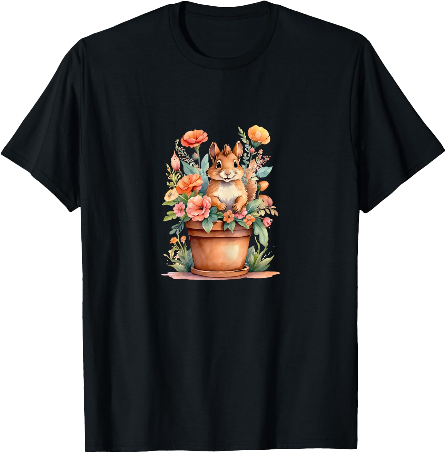 Cute Squirrel and Spring Flowers T-Shirt - T-Shirt | Black