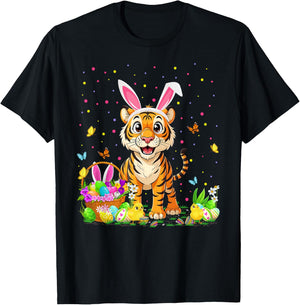 Tiger Easter Egg Hunt Bunny Ear Tiger Happy Easter T-Shirt - T-Shirt | Black