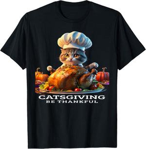 Catsgiving, Be Thankful, Cat Chef Serving Thanksgiving T-Shirt - T-Shirt | Black