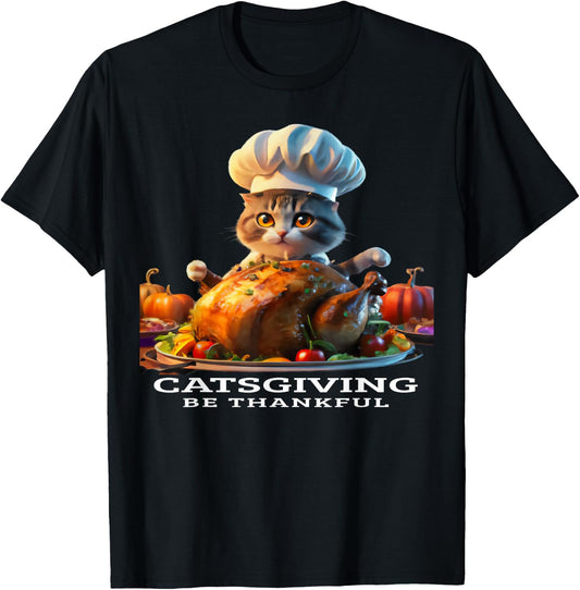 Catsgiving, Be Thankful, Cat Chef Serving Thanksgiving T-Shirt - T-Shirt | Black