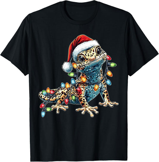 Leopard Gecko Lizard Christmas Hat Xmas T-Shirt - T-Shirt | Black
