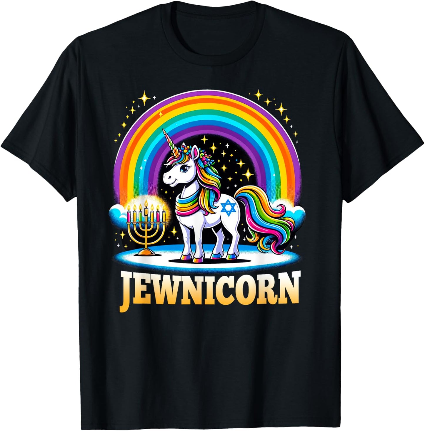 Jewnicorn Jewish Pride Unicorn Menorah Rainbow T-Shirt - T-Shirt | Black