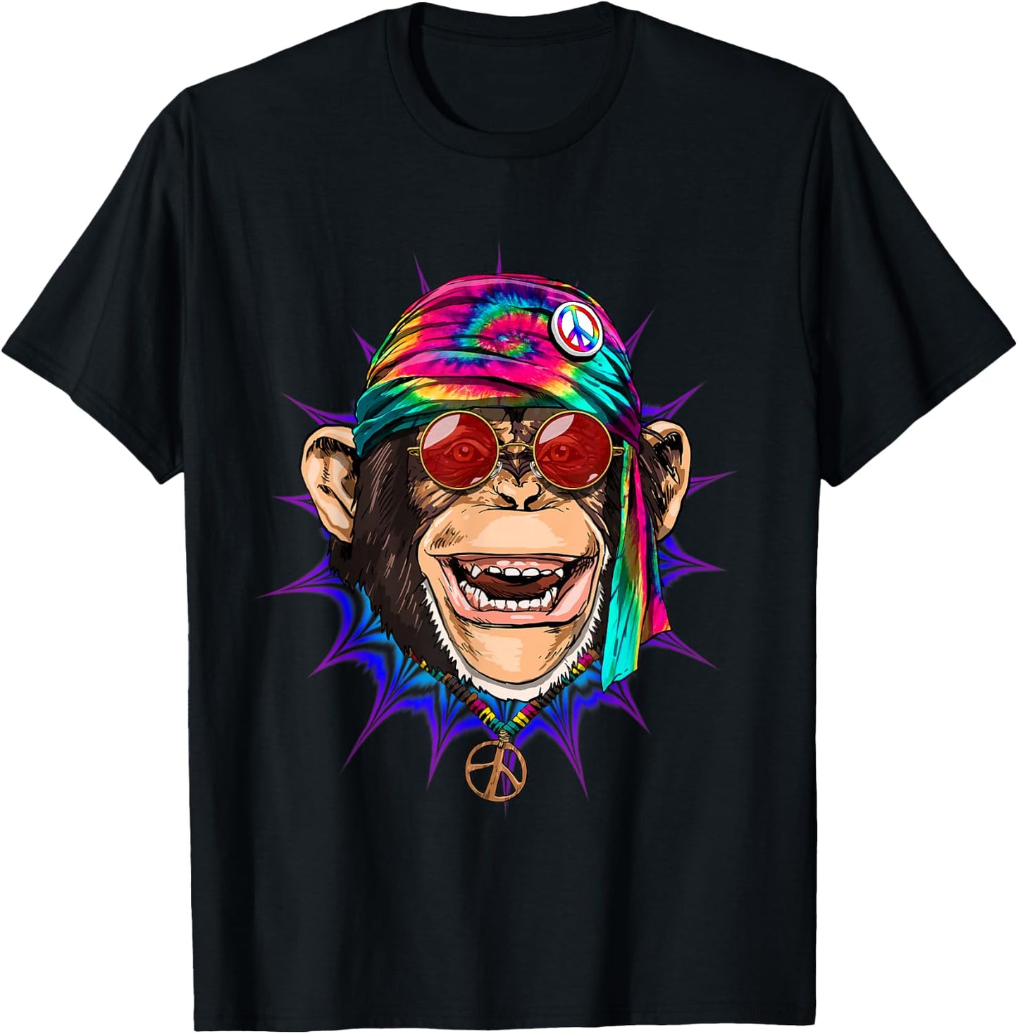 Tie Dye Hippie Monkey Hippiness Peace Love Monkey T-Shirt - T-Shirt | Black