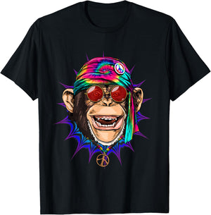 Tie Dye Hippie Monkey Hippiness Peace Love Monkey T-Shirt - T-Shirt | Black