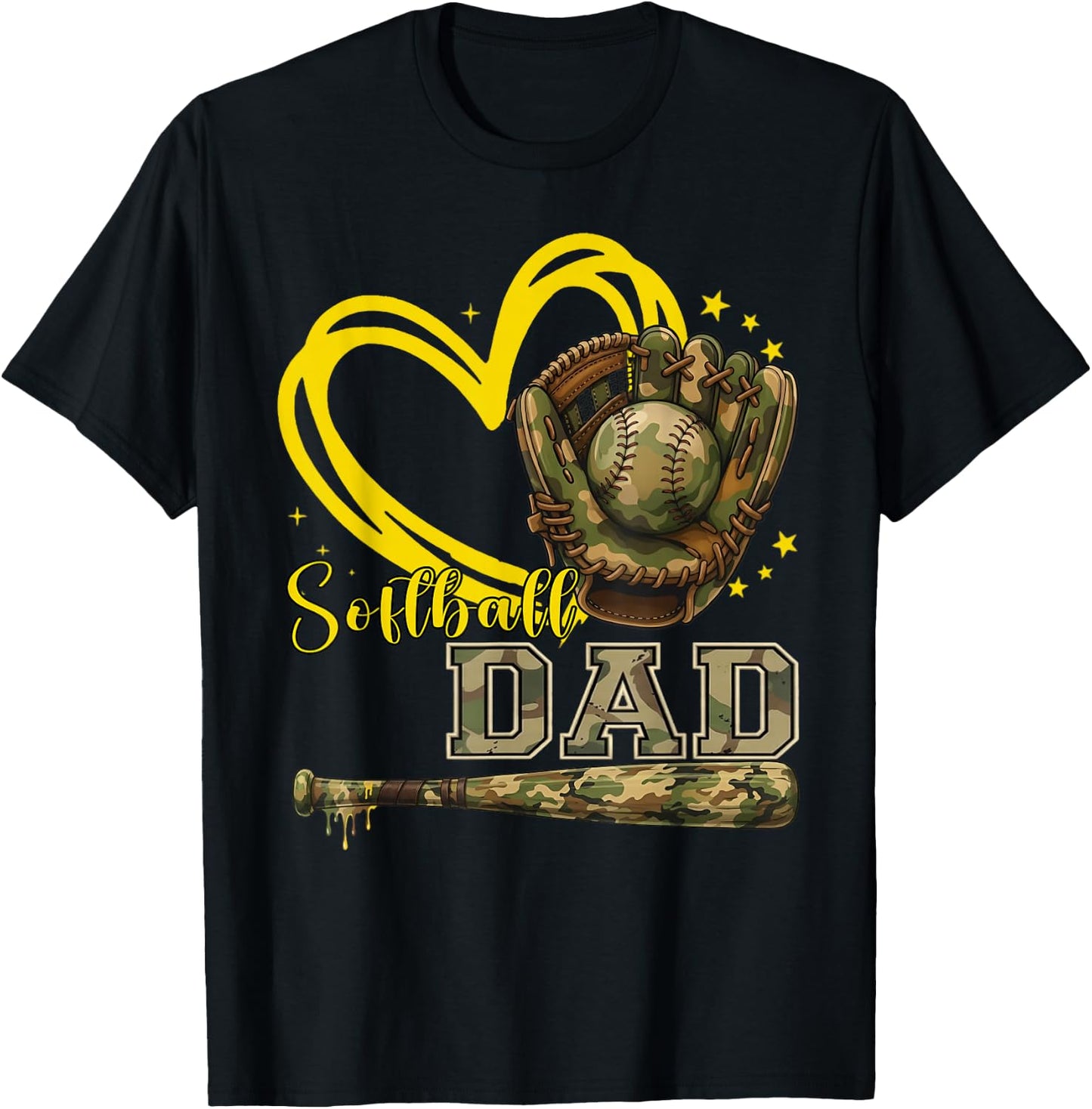 Softball Dad Camo Heart Father Daddy Papa Family Pride T-Shirt - T-Shirt | Black