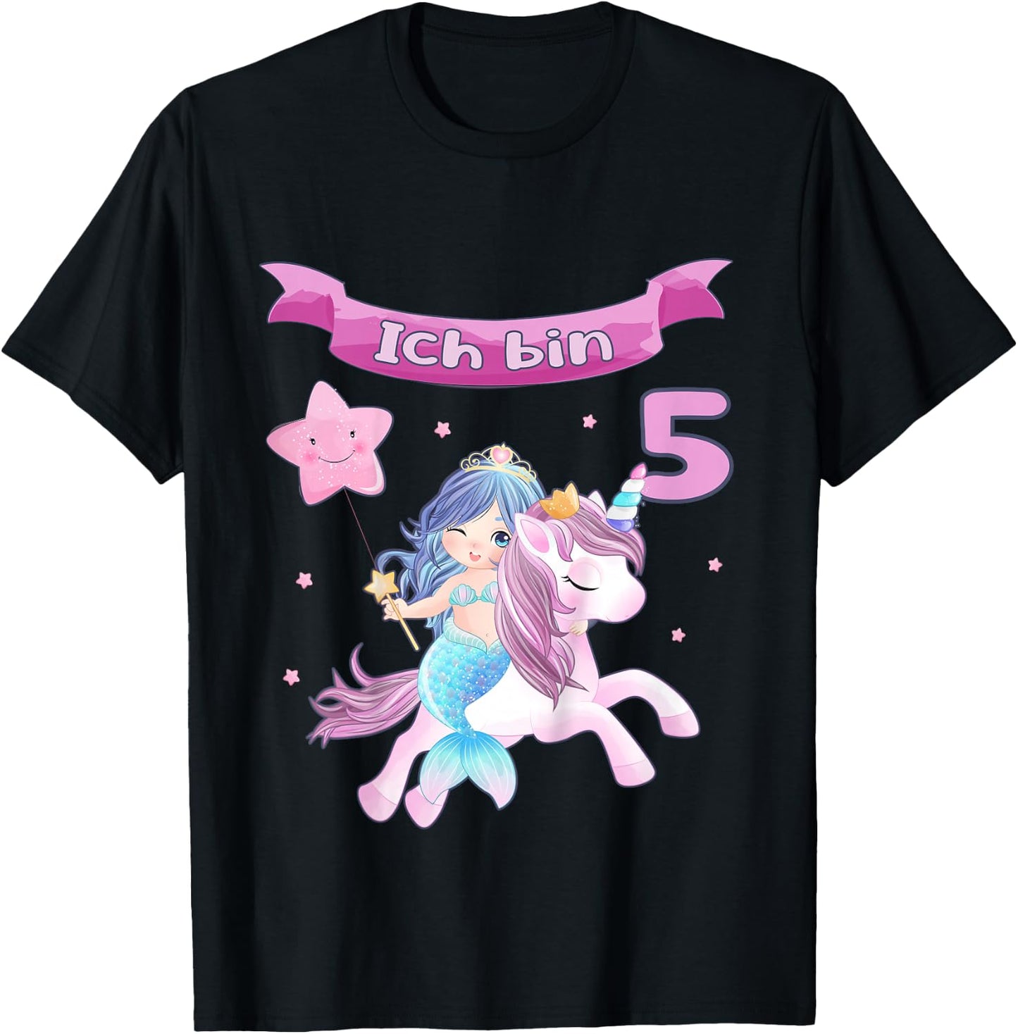 Children's 5th Birthday - Unicorn and Mermaid Girl 5 Years T-Shirt - T-Shirt | Black