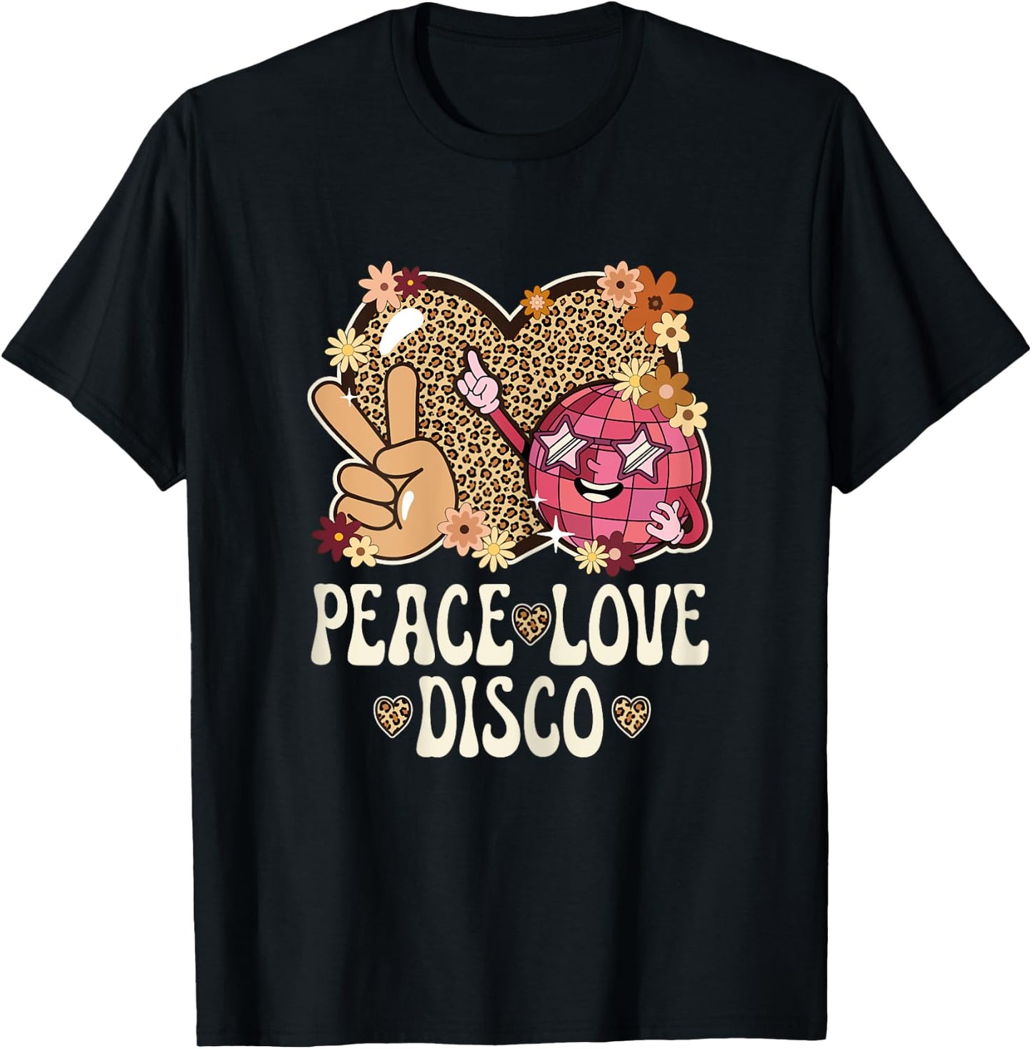 Peace Love Disco Outfit Leopard Print Women Girls 70s Disco T-Shirt - T-Shirt | Black