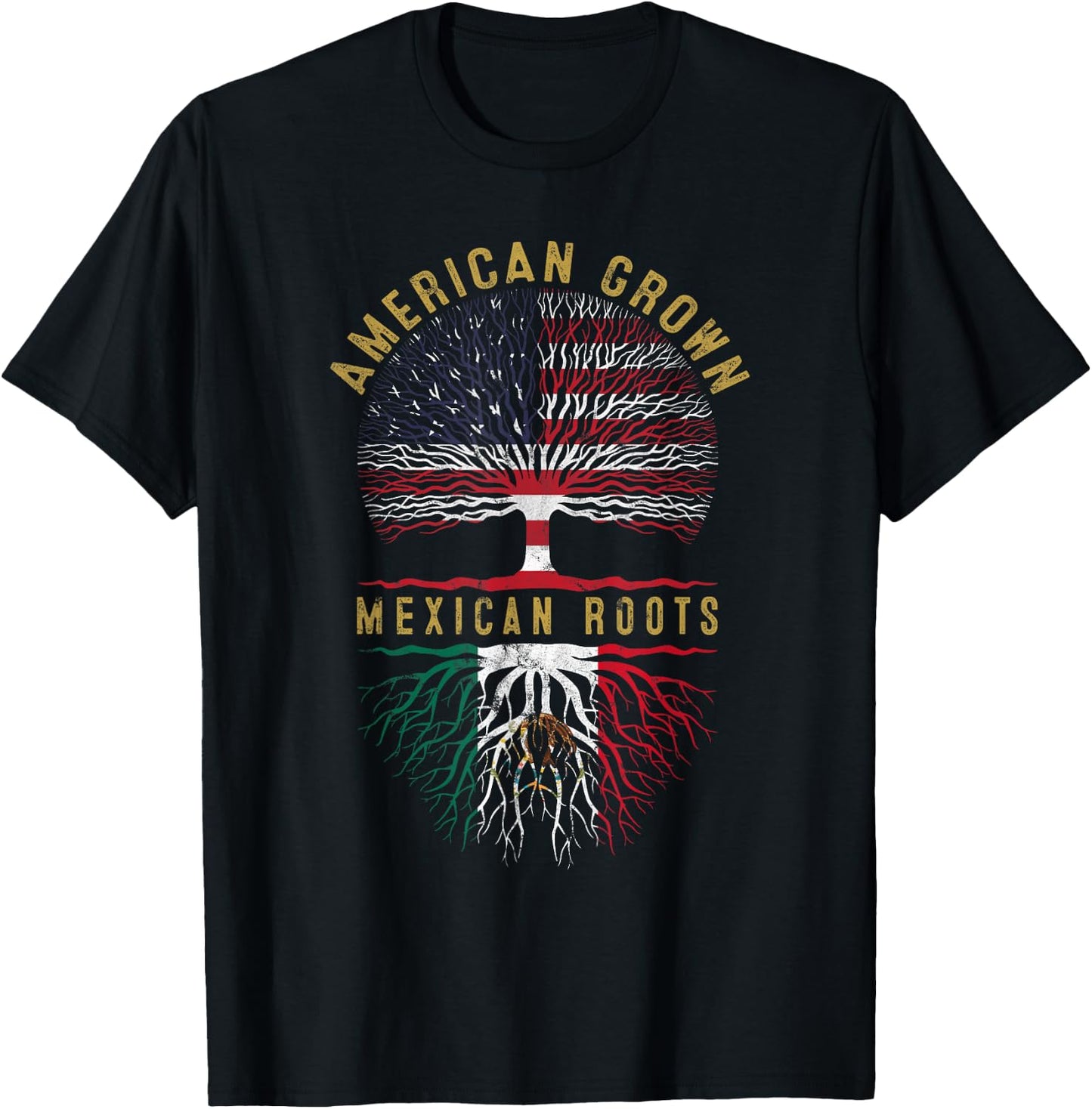 Distressed Tree USA Flag American Grown Mexican Roots T-Shirt - T-Shirt | Black