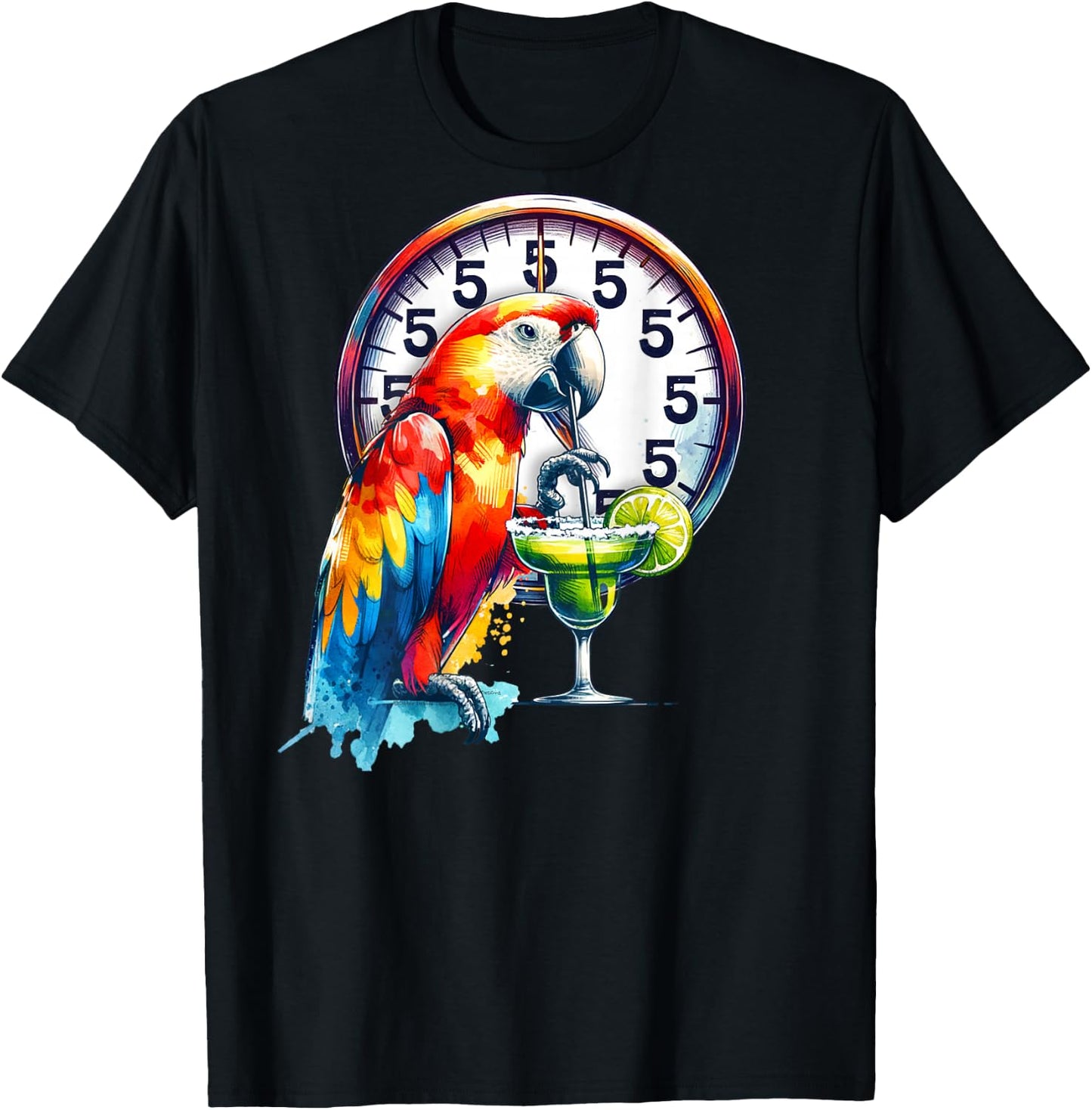 On Back Always 5 O'clock Colorful Parrot Drinking Margarita T-Shirt - T-Shirt | Black