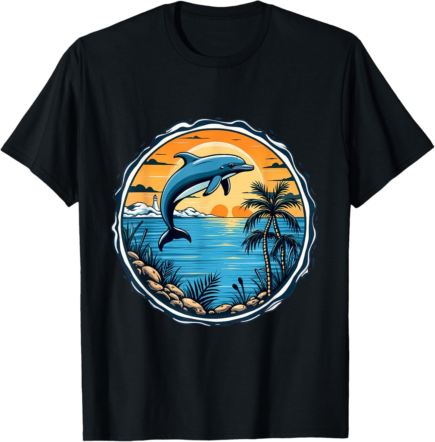 Dolphin Sunset Scene Ocean Tropical Beach Vibes , Black, S T-Shirt - T-Shirt | Black