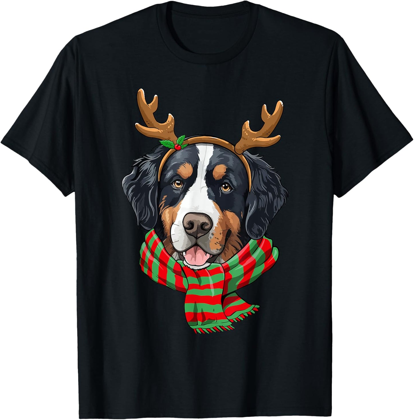 Bernese Mountain Dog Christmas Reindeer Santa Hat Funny Xmas Men Women Girls Kids T-Shirt - T-Shirt | Black