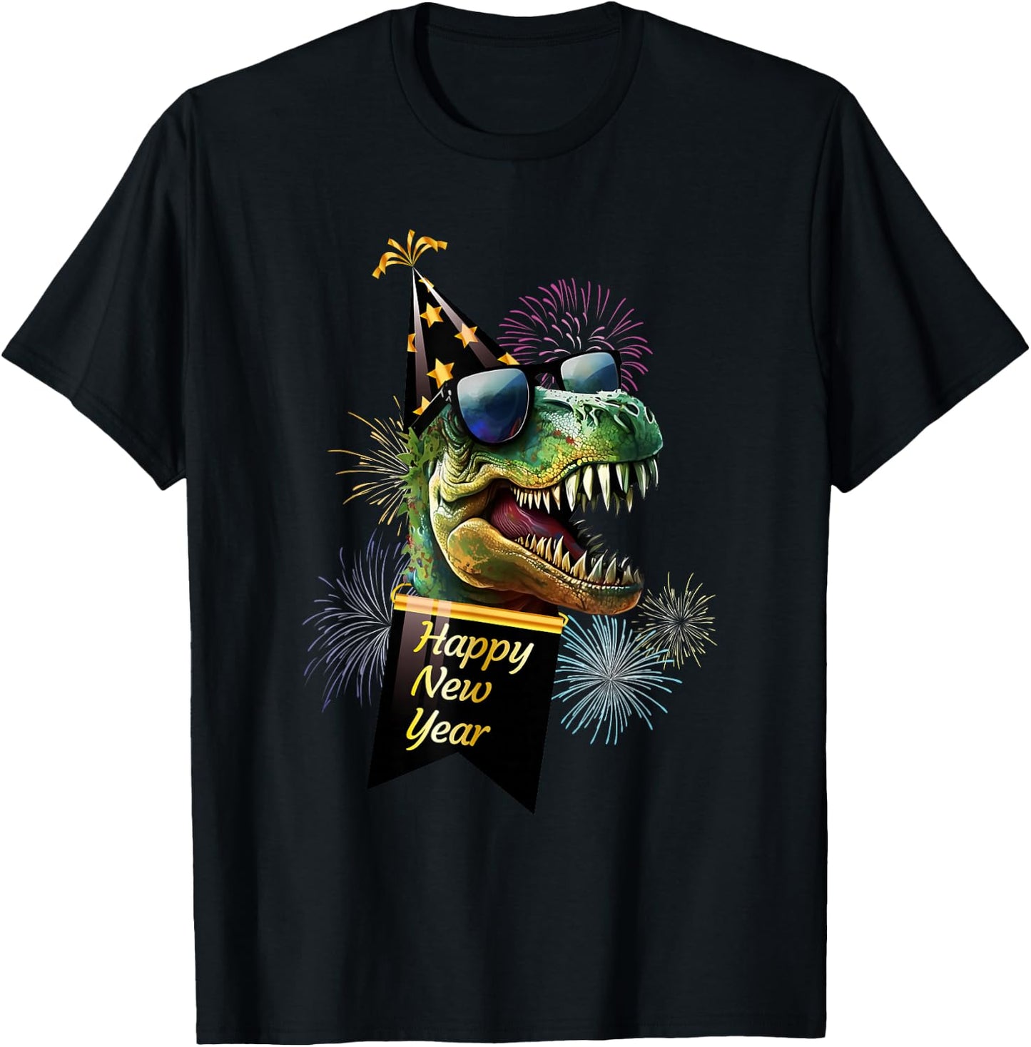 Happy New Year Dinosaur T Rex Sunglasses Fireworks NYE Party T-Shirt - T-Shirt | Black