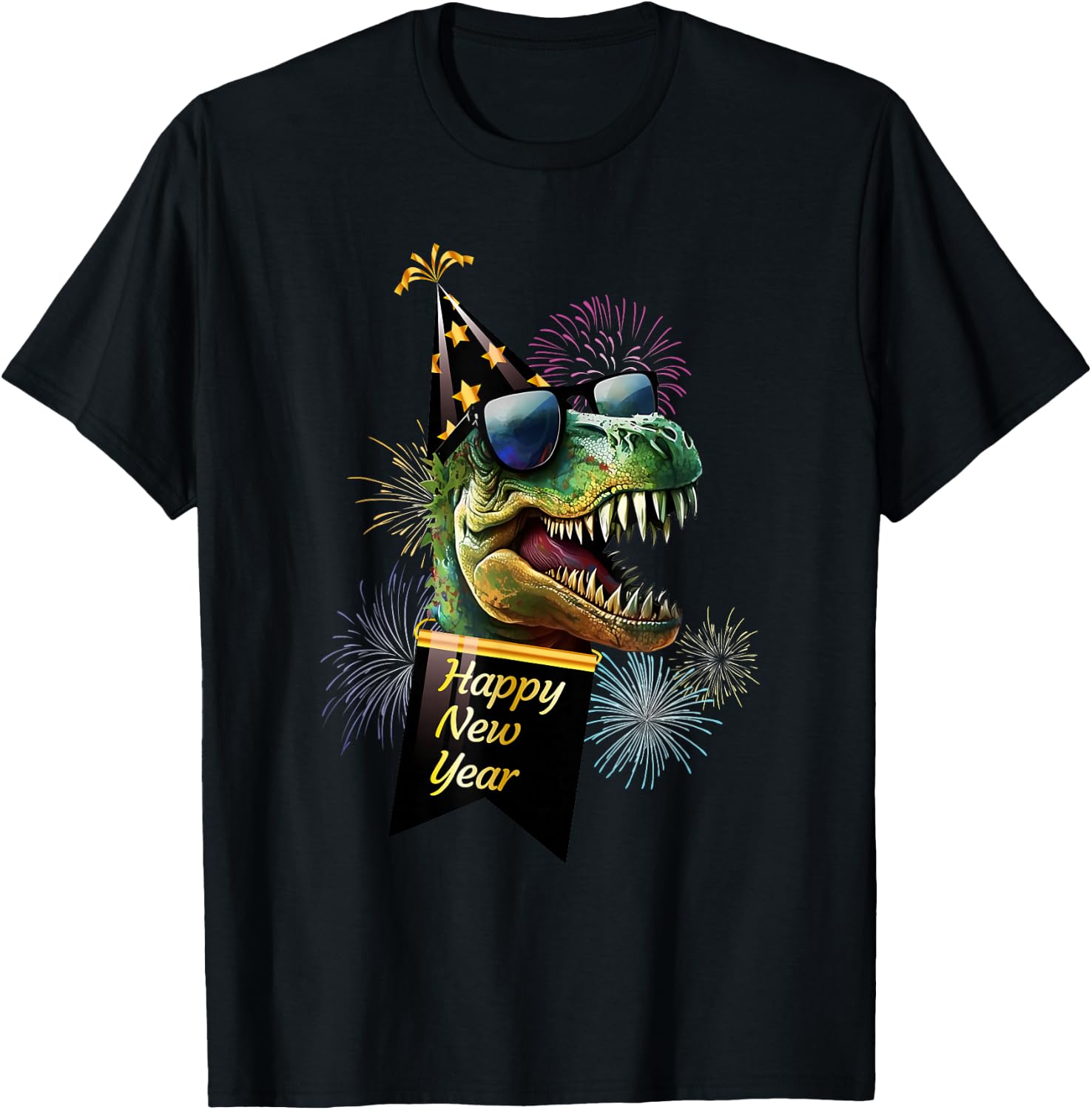 Happy New Year Dinosaur T Rex Sunglasses Fireworks NYE Party T-Shirt - T-Shirt | Black