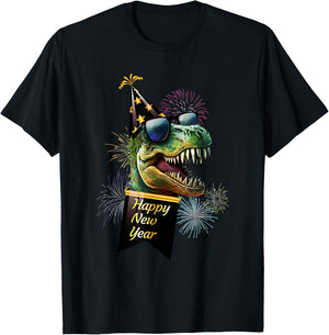 Happy New Year Dinosaur T Rex Sunglasses Fireworks NYE Party T-Shirt - T-Shirt | Black