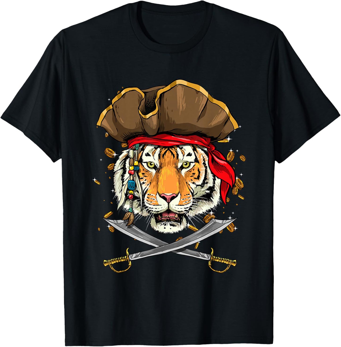 Pirate Tiger Face Jolly Roger Flag Nautical Wild Tiger Lover T-Shirt - T-Shirt | Black