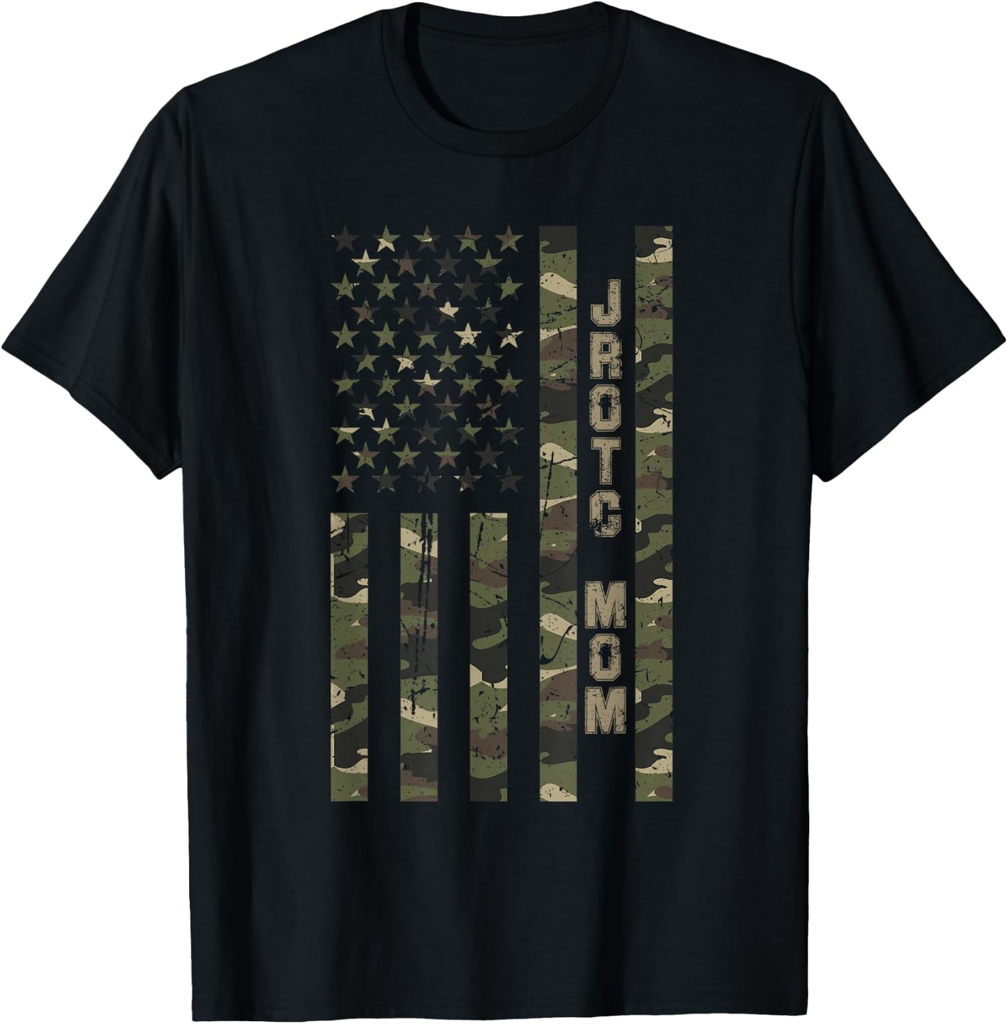 JROTC Mom United States Distressed Camo w US Flag T-Shirt - T-Shirt | Black