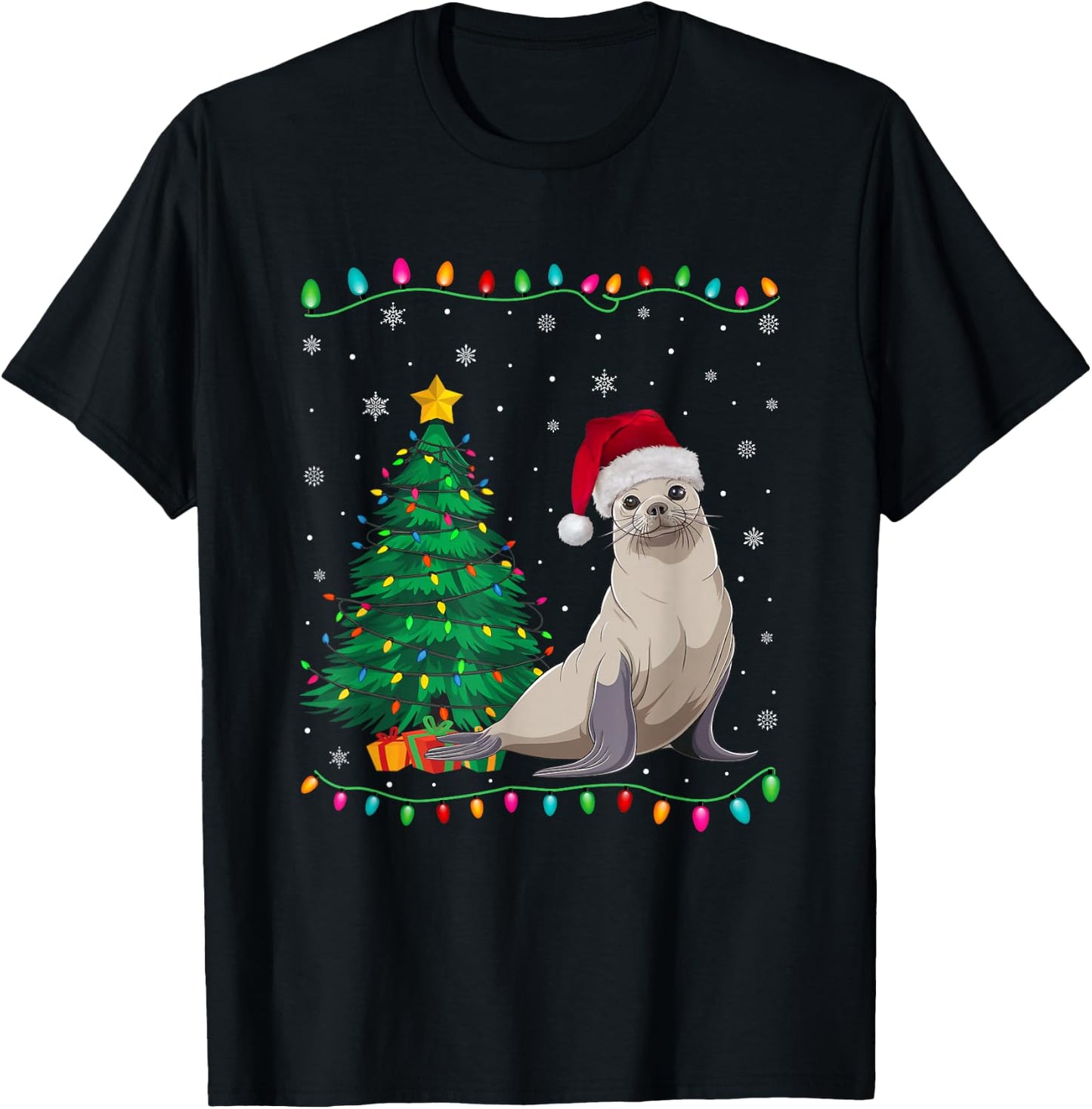 Seal Santa Hat Men Women Kids Christmas Tree Lights T-Shirt - T-Shirt | Black