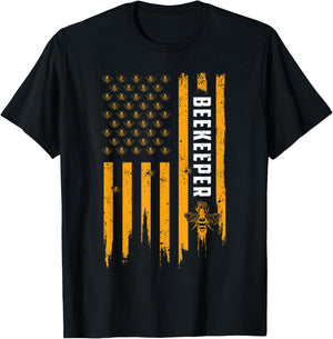 Beekeeping American Flag Honeycomb Honey Bees Beekeeper T-Shirt - T-Shirt | Black