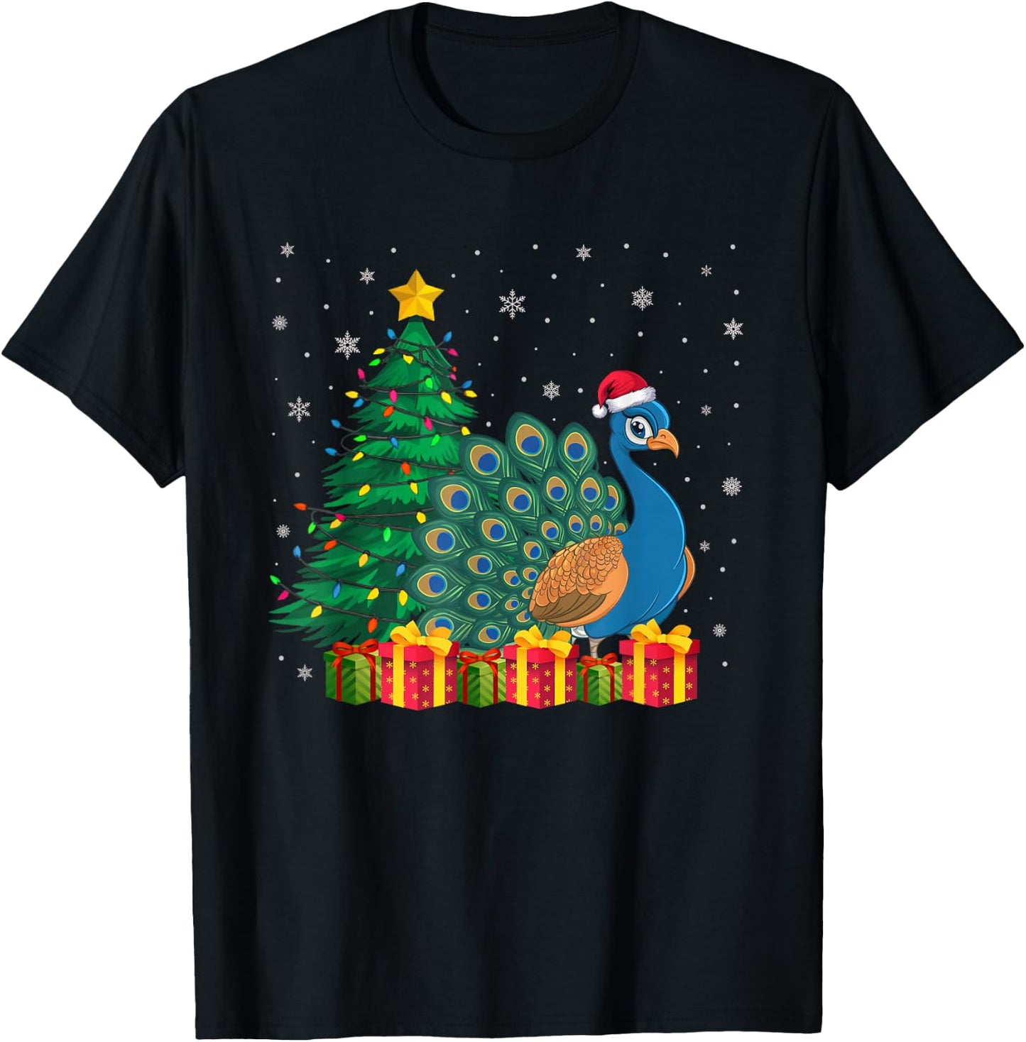 Ugly Peacock Santa Hat Christmas Tree Lights Pajama T-Shirt - T-Shirt | Black