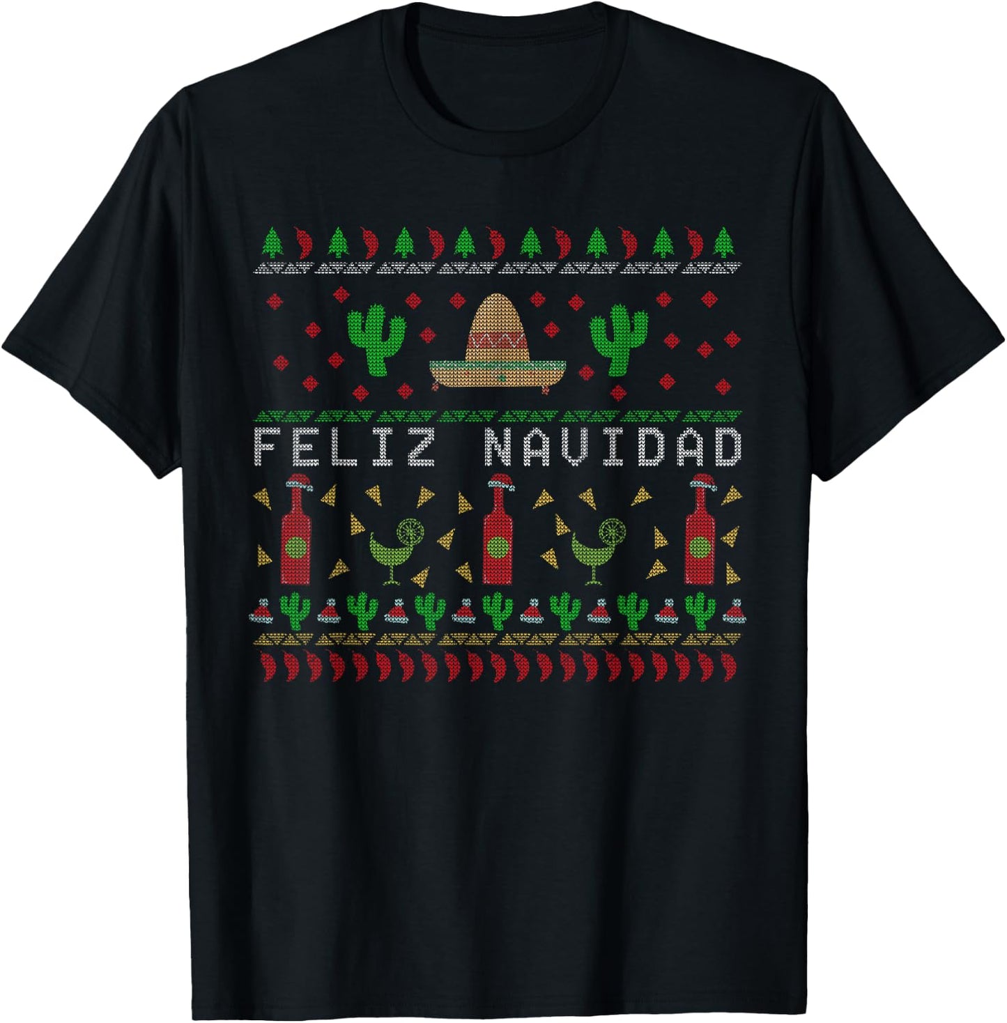 Feliz Navidad Mexican Ugly Christmas Sweater T-Shirt - T-Shirt | Black