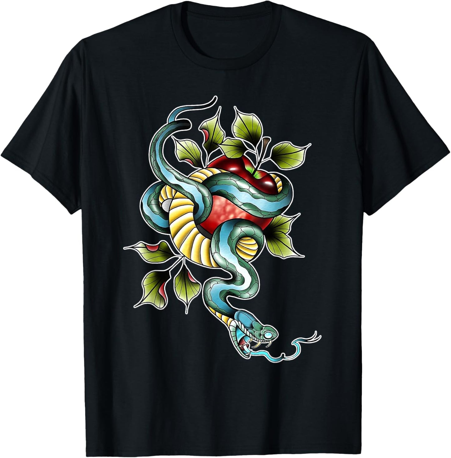 Snake x Apple x Garden of Eden x Adam & Eve Neo-Traditional T-Shirt - T-Shirt | Black
