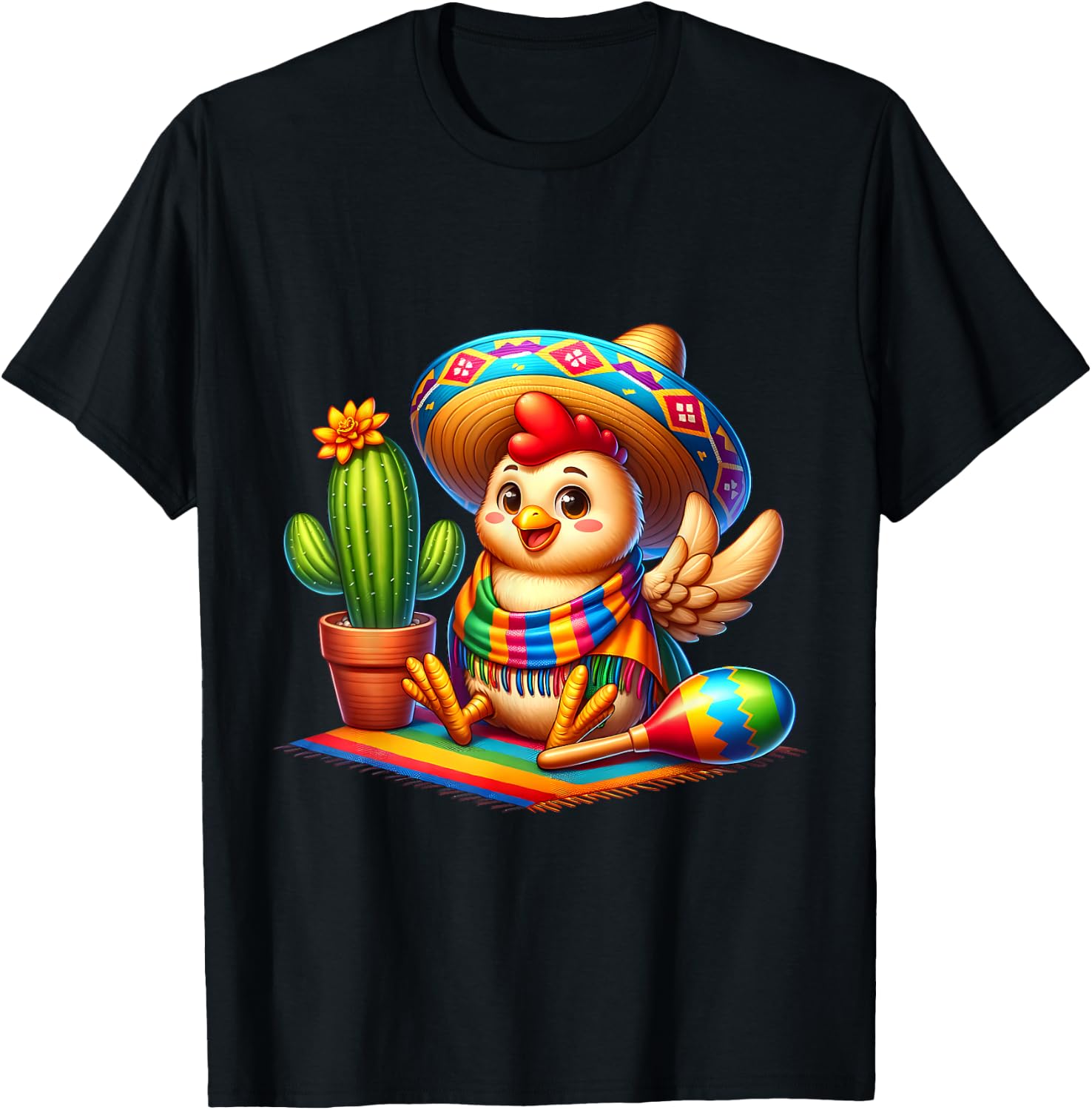 Funny Cinco De Mayo Chicken Saying Hi Sombrero Cactus Mexico T-Shirt - T-Shirt | Black