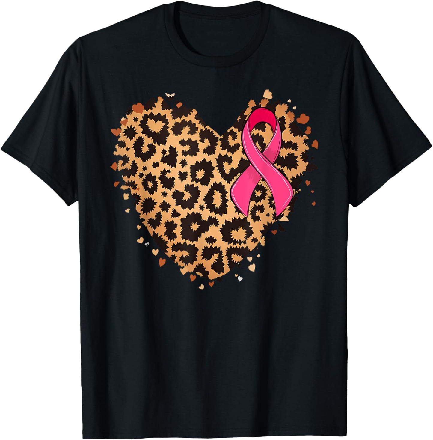 Breast cancer Pink ribbon Cheetah Leopard Heart Print T-Shirt - T-Shirt | Black
