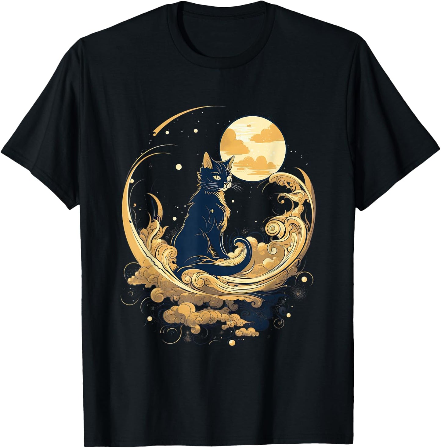 Cat in Front of Moon and Stars Goth Pastel Kawaii T-Shirt - T-Shirt | Black