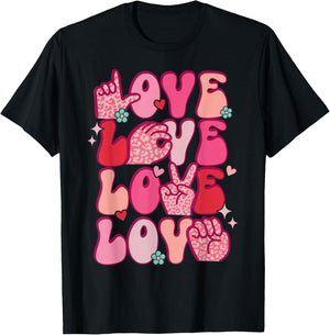 Groovy Sign Language Valentines Day LOVE ASL Finger Spelling T-Shirt - T-Shirt | Black