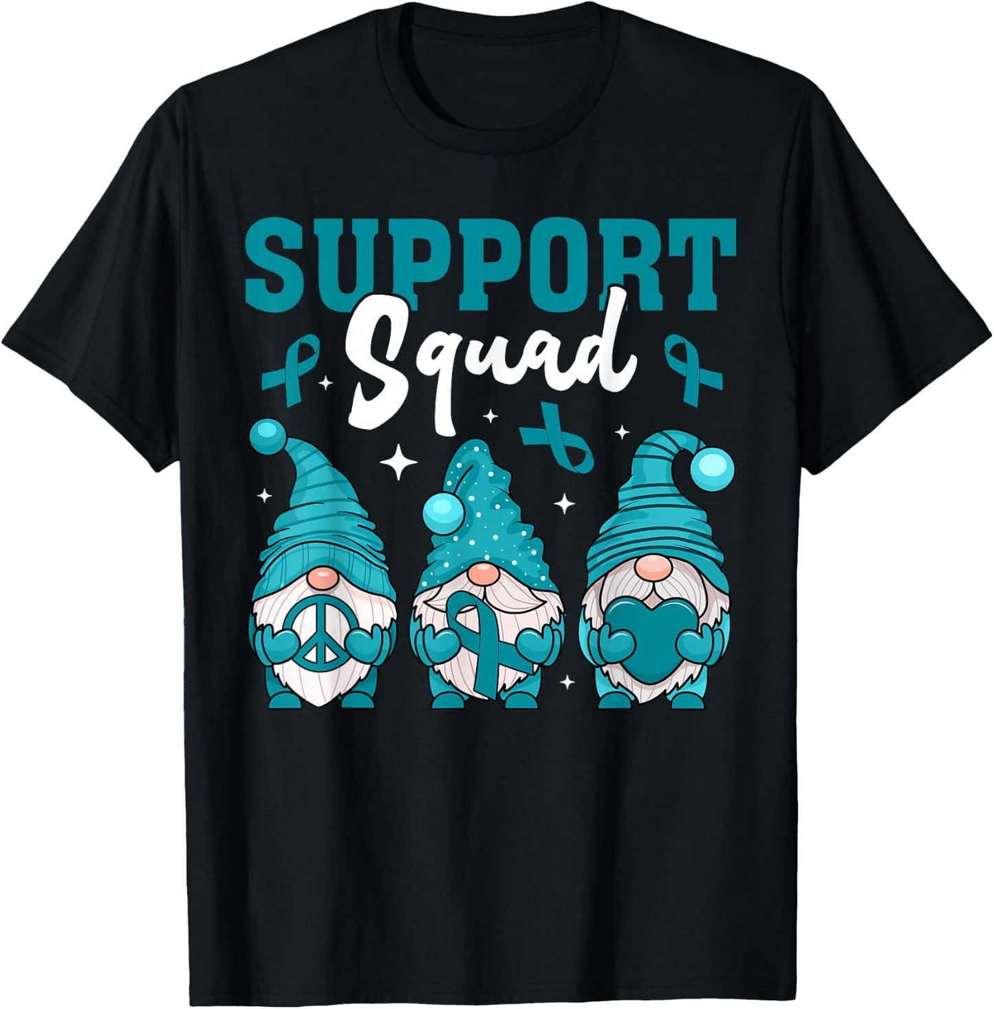Support Squad Ovarian Cancer Awareness Gnomes & Teal Ribbon T-Shirt - T-Shirt | Black