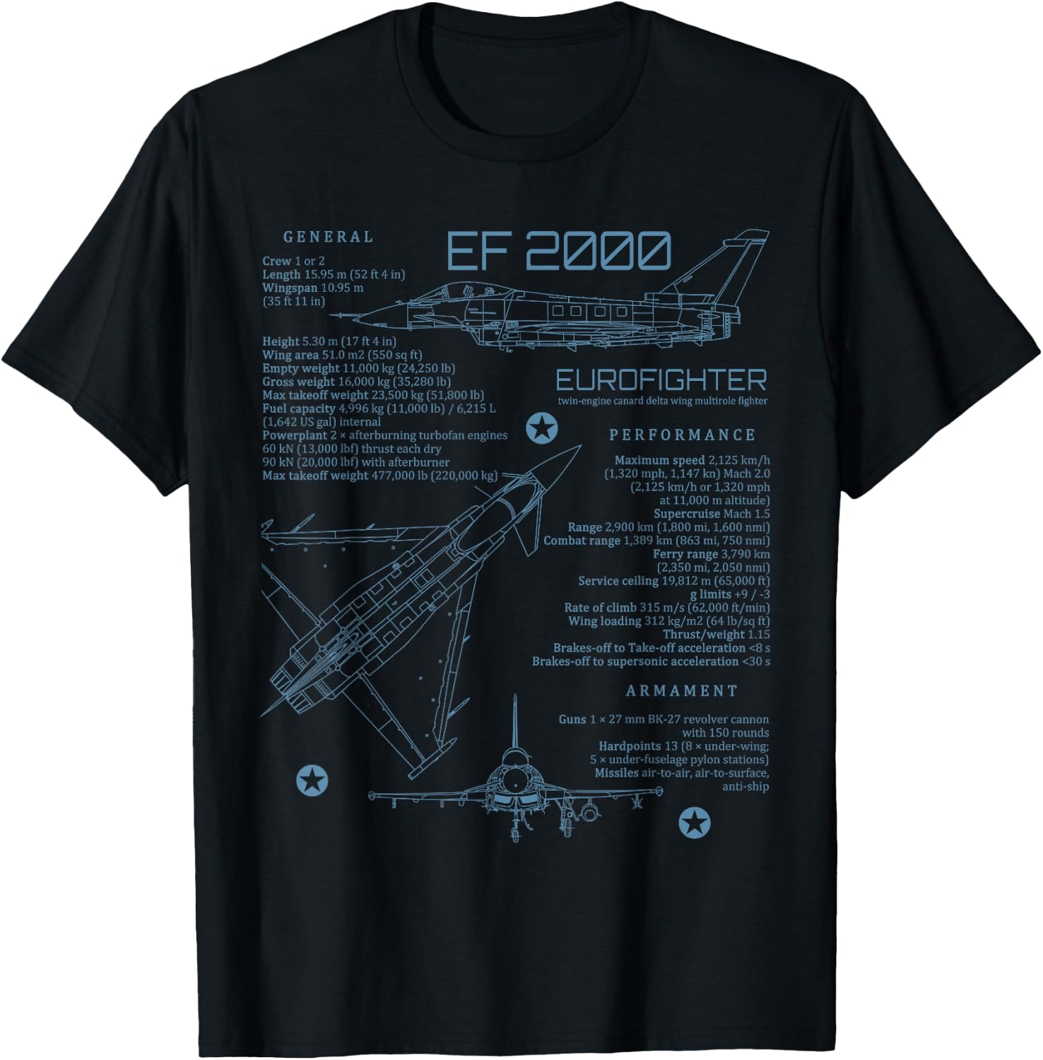 European Military Aviation Airplane Eurofighter EF2000 Typhoon Jet Militärflugzeug für Eurofighter Jet Fans, Schwarz, S, Kurzarm, Klassische Passform, , Erwachsene T-Shirt - T-Shirt | Black