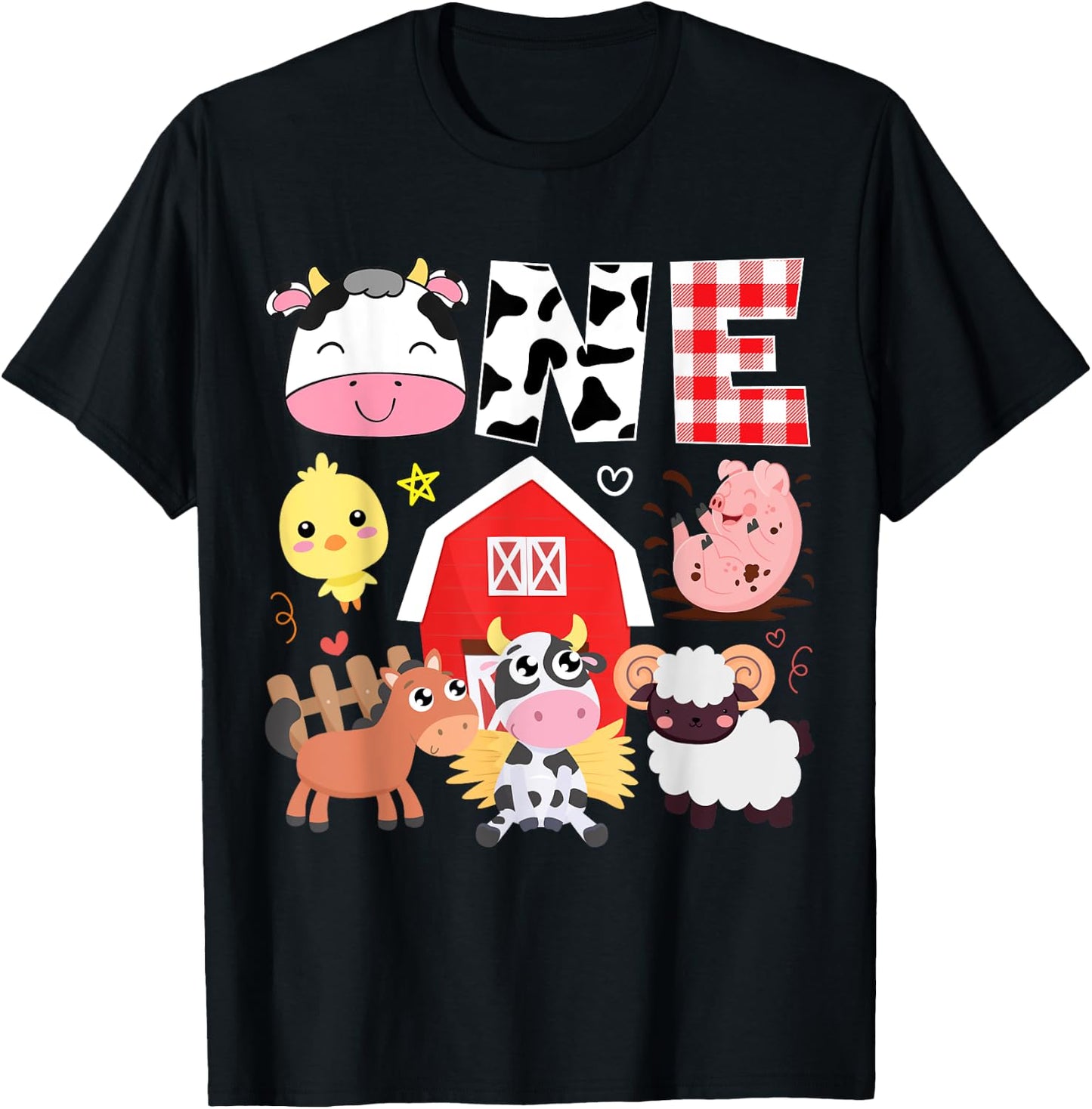 1st Birthday One Year Old Farm Theme Animals Birthday Party T-Shirt - T-Shirt | Black