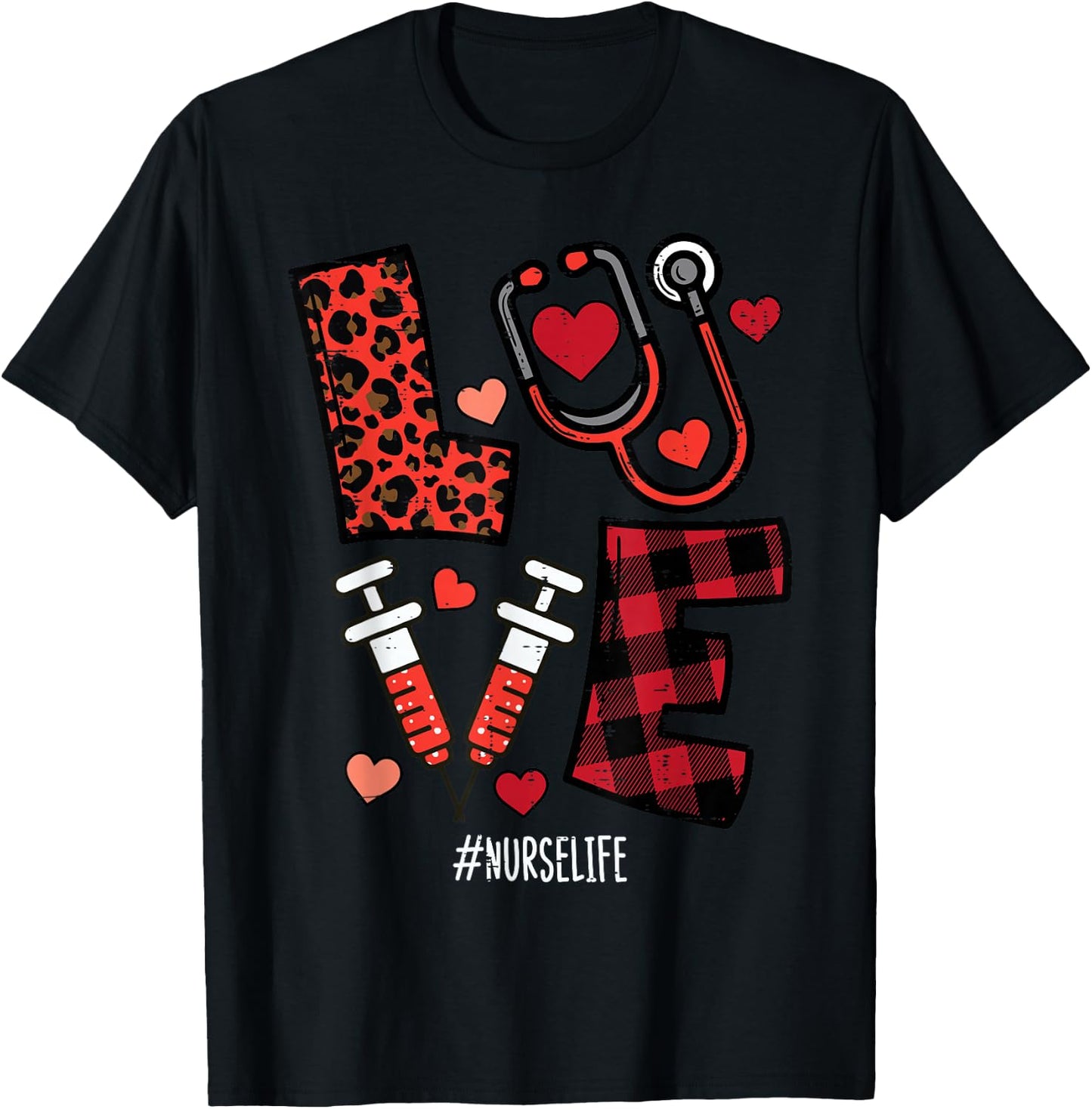 Valentines Day Leopard Plaid Nurse Nursing Scrub Top Women T-Shirt - T-Shirt | Black