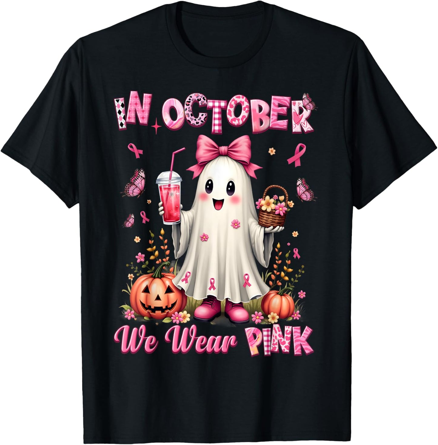 In October We Wear Pink Ghost Breast Cancer Awareness T-Shirt - T-Shirt | Black