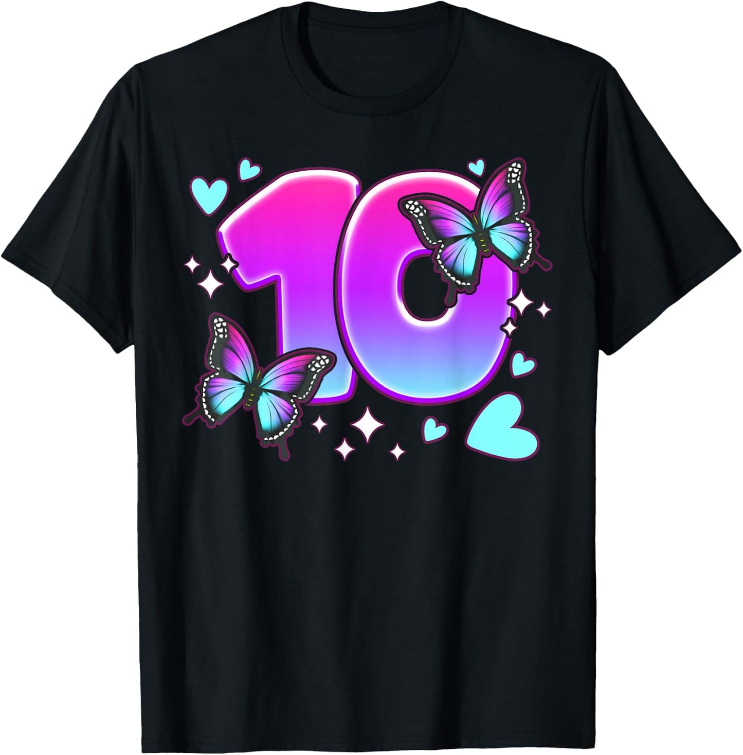 Birthday Girl 10 Years, Butterflies and Number 10 T-Shirt - T-Shirt | Black