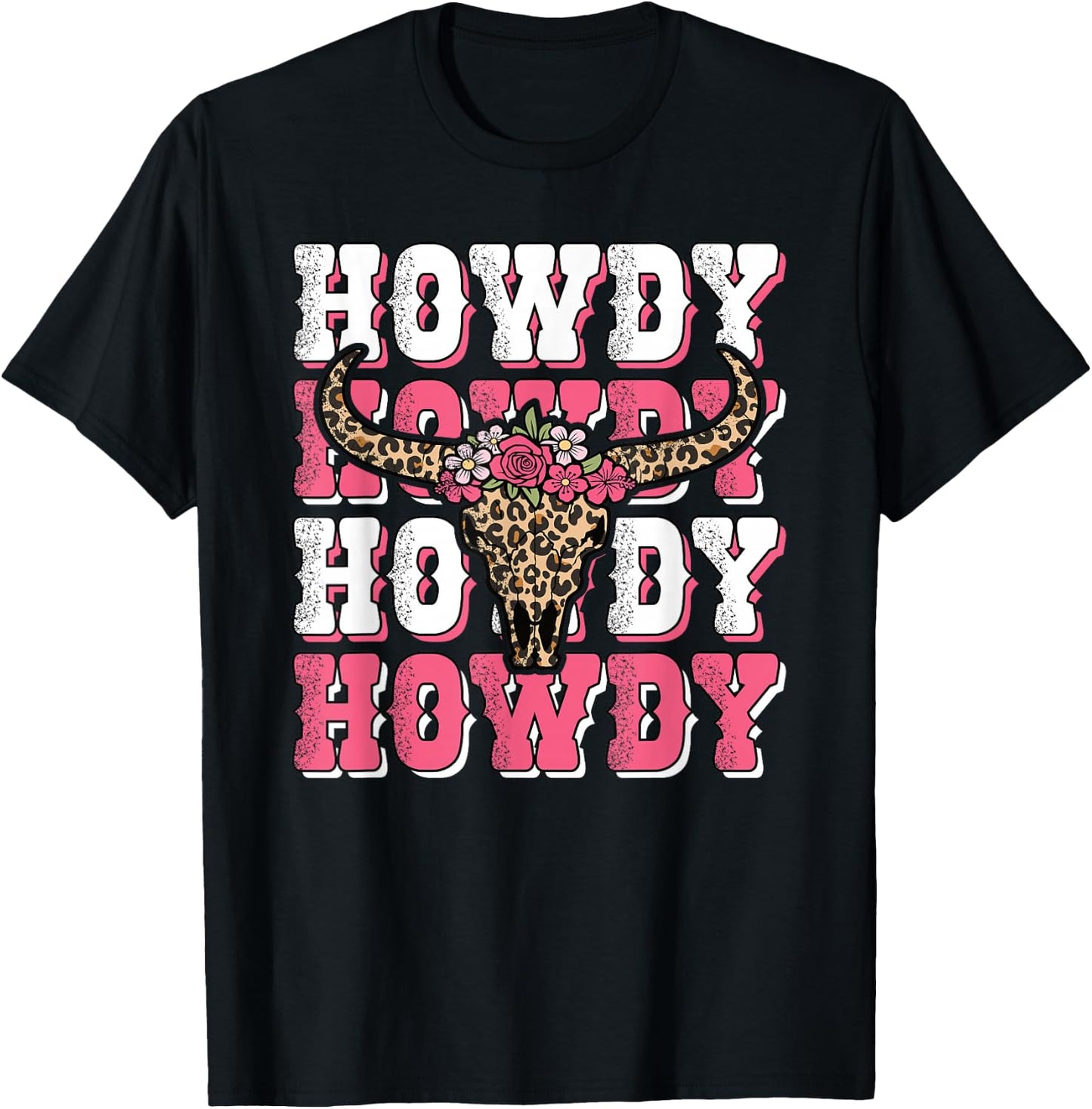 Howdy Western Country Bull Skull Rodeo Pink Cowgirl Women T-Shirt - T-Shirt | Black