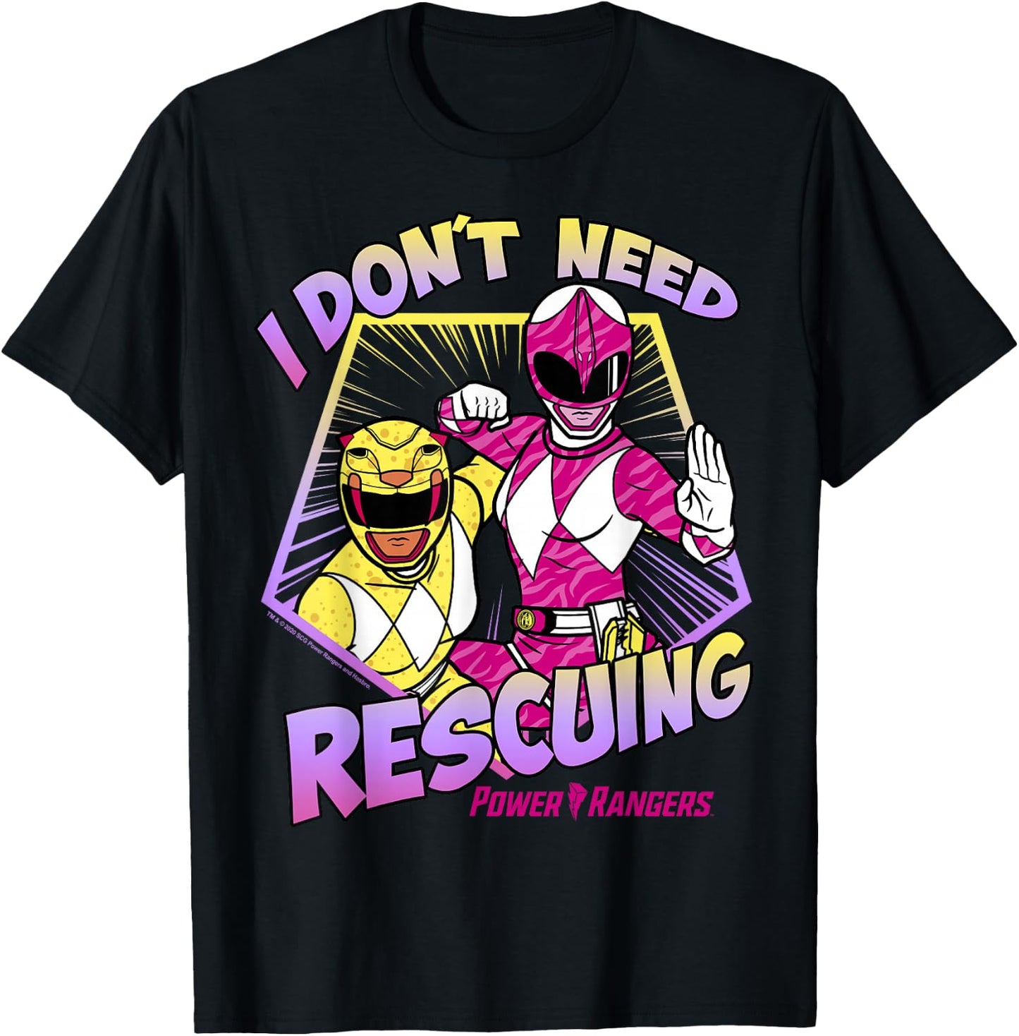 Power Rangers I Don't Need Rescuing Pink & Yellow Rangers T-Shirt - T-Shirt | Black