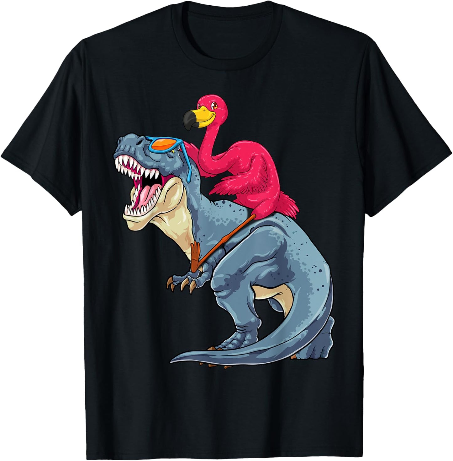 Flamingo Riding Dinosaur T-Rex Funny Flock Bird Dino Pun T-Shirt - T-Shirt | Black