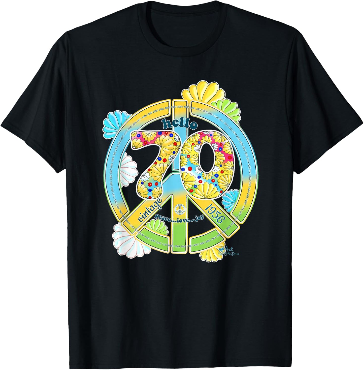 Born in 1956 Colorful Flower Power Retro Number Art T-Shirt - T-Shirt | Black