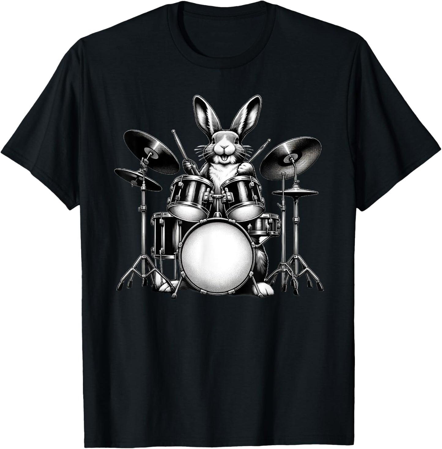 Cute Rabbit Bunny Playing Drums Rabbits Drummer Music T-Shirt - T-Shirt | Black