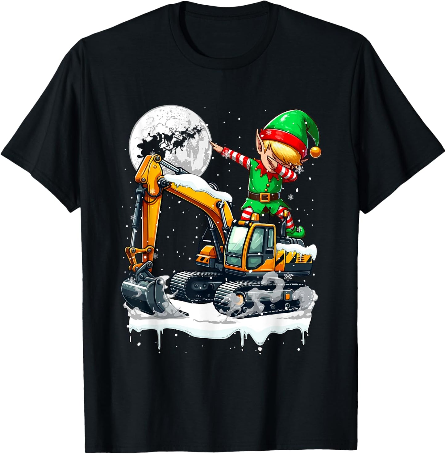 Dabbing Elf On Excavator Truck Christmas Driver Lover Kids T-Shirt - T-Shirt | Black