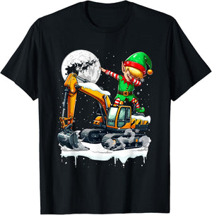 Dabbing Elf On Excavator Truck Christmas Driver Lover Kids T-Shirt - T-Shirt | Black