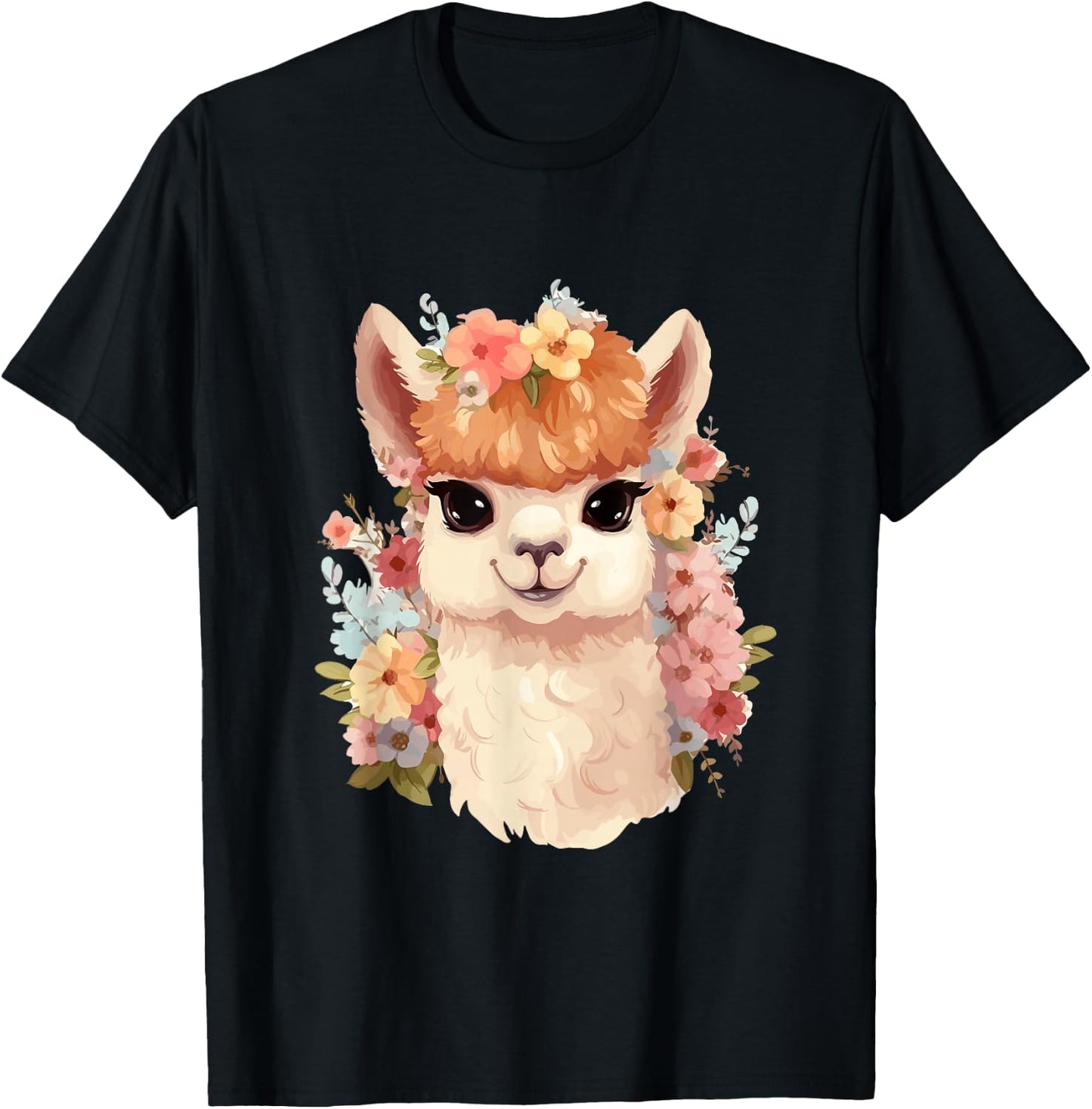 Alpaca with flowers, cute alpaca and llama T-Shirt - T-Shirt | Black