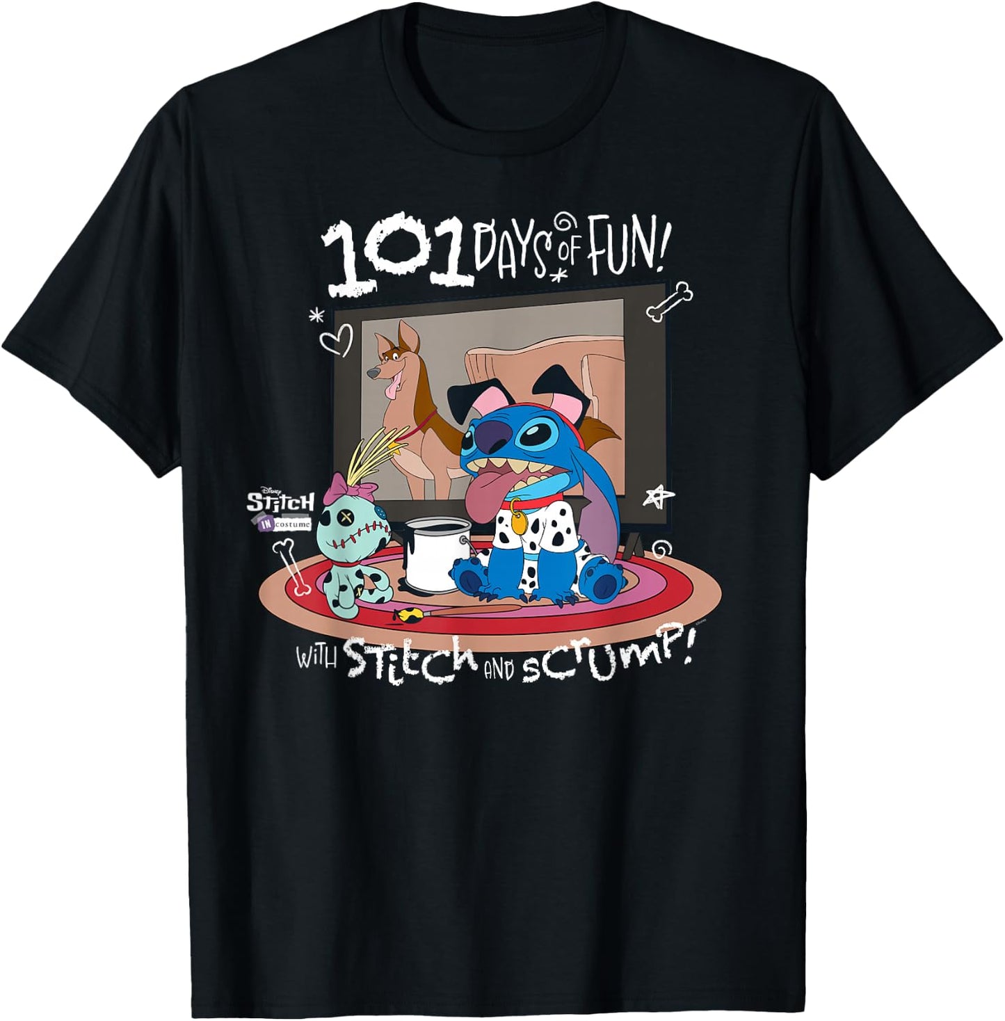 Disney 100 Stitch in Costume 101 Dalmatians Fun & Scrump T-Shirt - T-Shirt | Black