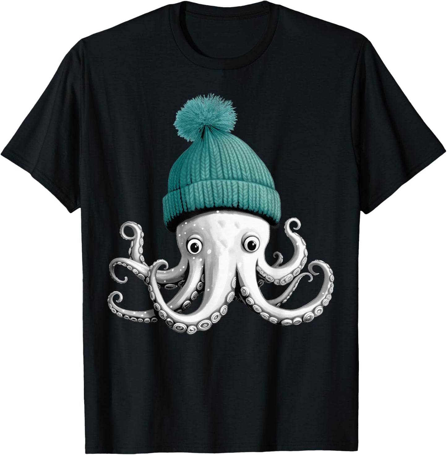 Octopus With Winter Hat T-Shirt - T-Shirt | Black