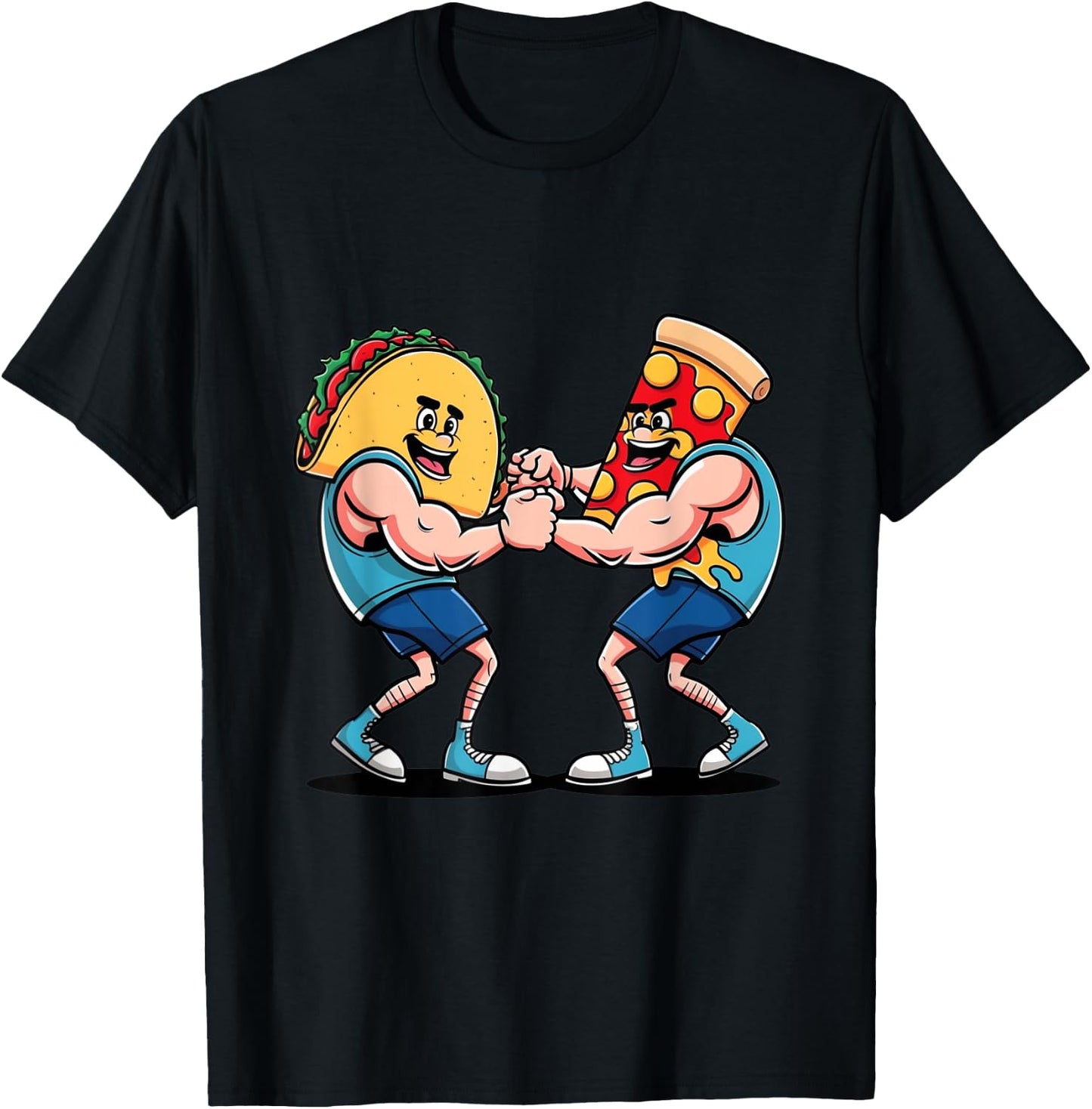 Taco Versus Pizza Anthropomorphic Arm Wrestling T-Shirt - T-Shirt | Black