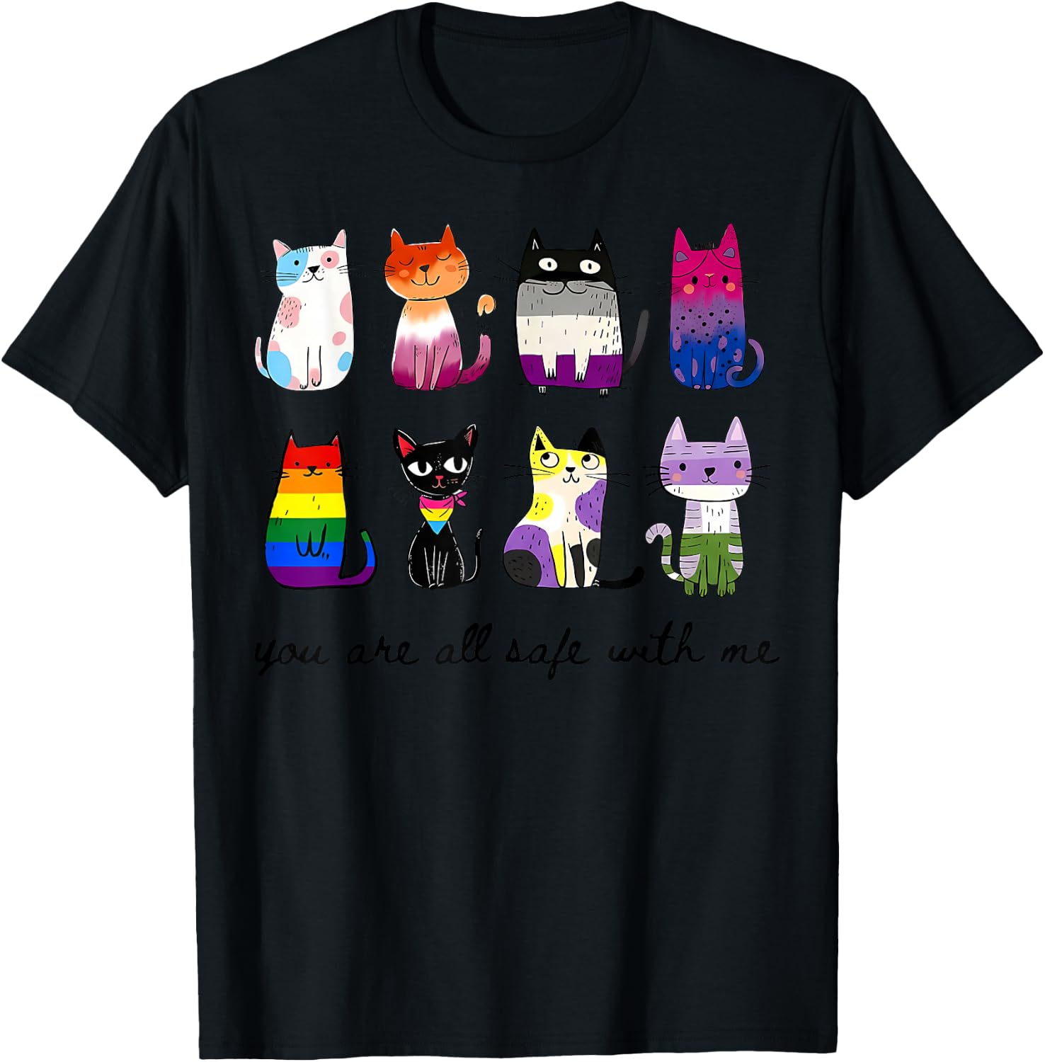 You are All Safe with Me Multi Flag LGBTQ Cat T-Shirt - T-Shirt | Black